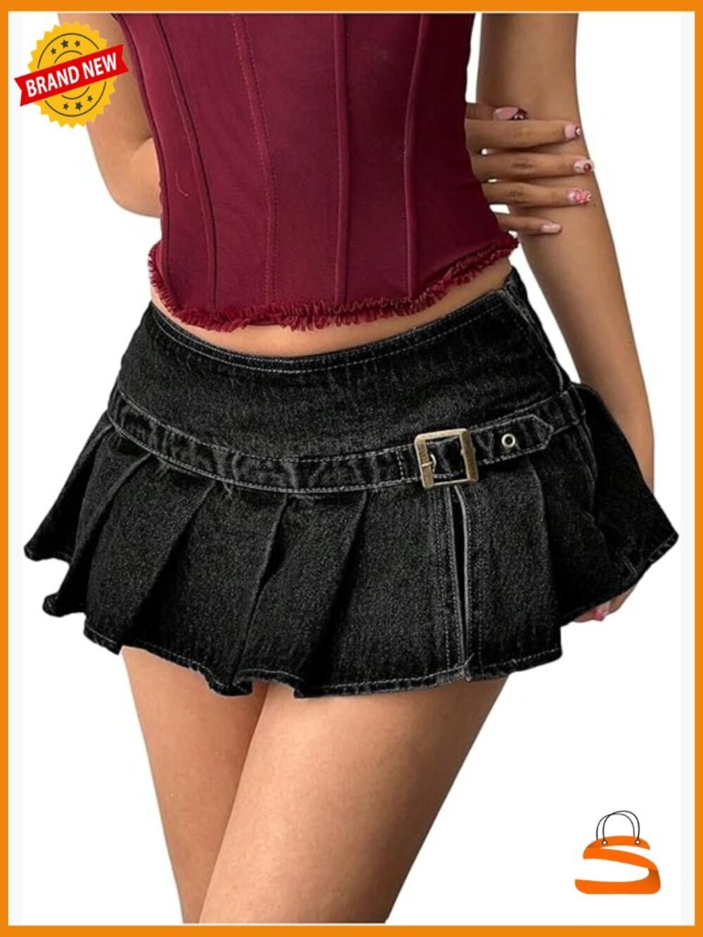 Low Rise Pleated Mini Denim Skirt with Buckle Belt